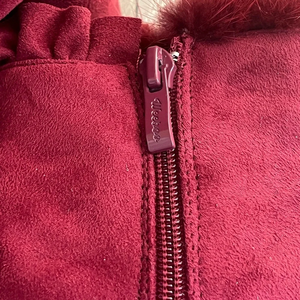 Elegant Weeboo Burgundy  Faux Suede Ankle Boots with Ruffle Trim – Size 6